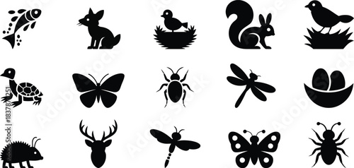 Black animal and nature icons on white