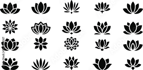 Black lotus flower icons on white background
