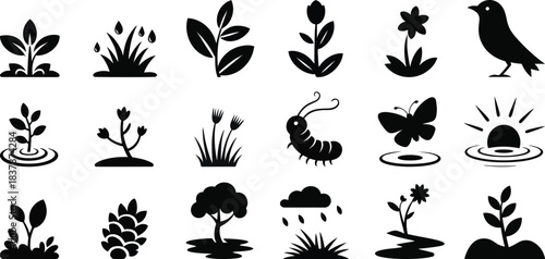 Black nature and plant icons sprout seedling
