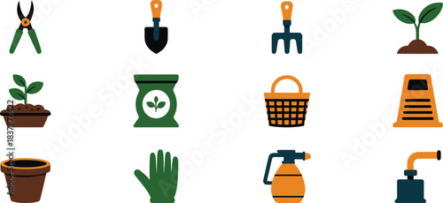 Gardening tools and supplies flat icons secateurs shovel