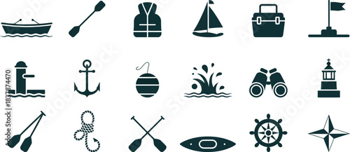 Nautical and boating icons in dark teal paddle life vest