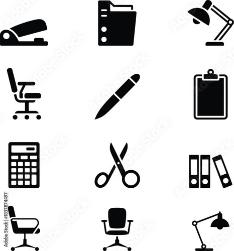 Office supplies icons stapler folder desk lamp chair pen clipboard calculator scissors binders