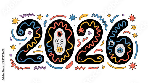 2026 Typography: A vibrant and imaginative illustration of the year 2026, filled with playful shapes, whimsical characters, and a burst of color.