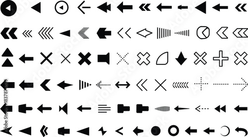 Large Vector Set of Left and Backward Arrows: Collection of Control, Rewind, Directional, and Navigation Icons in Various Styles for UI/UX Design and Media Player Interfaces