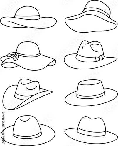Line Art Collection of Various Women's and Men's Hats, including Wide Brim, Fedora, and Sun Hat Styles, Fashion Apparel Template