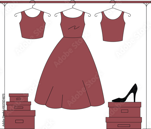 Maroon fashion, wardrobe setup, cropped tops, sleeveless dress, high heel, stacked boxes, boutique style, clothing display, vector illustration, organized closet