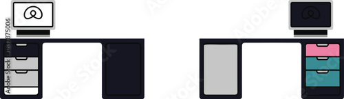 Modern office desk with computer monitor vector illustration set, flat graphic design workspace furniture with colorful drawers isolated on white background for business interior