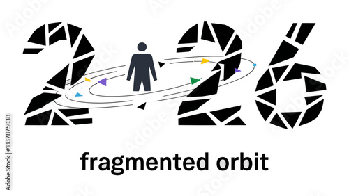 Fragmented Orbit: A symbolic representation featuring a human figure at the center, surrounded by a fragmented orbital path, evoking themes of innovation, transformation, and abstract ideas.