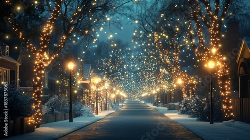 Sparkling holiday lights on a snowy street, peaceful winter scene .