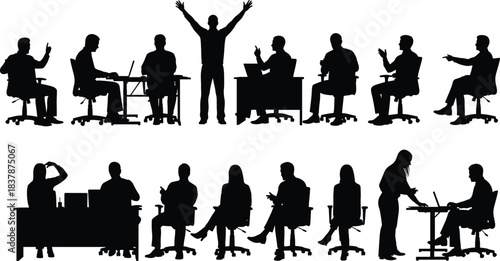 Office posture silhouettes, meeting gestures, seated and standing icons, black vector, workplace interaction, collaboration illustration, desk activity