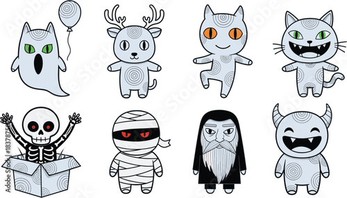 Halloween character set, spooky cartoon creatures, ghost, skeleton, mummy, monster, wizard, cat, reindeer, festive icons, swirl patterns