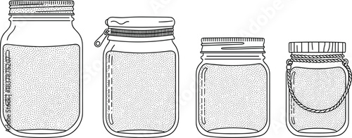 Jar collection illustration, sand containers, packaging design, lid styles, pouch, screw top, rope handle, transparent vessels, comparison icons