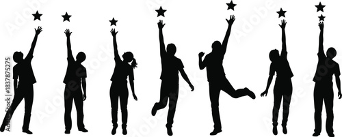 Silhouettes reaching for stars, ambition illustration, goal pursuit, motivational figures, black icons, success concept, achievement, aspiration art