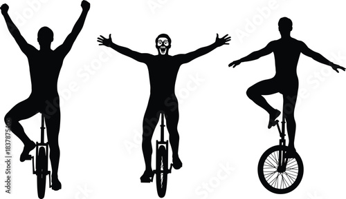Unicycle silhouette trio, balancing poses, circus performance, skillful riders, cartoon style, single wheel stunt, athletic motion, dynamic posture, black icons