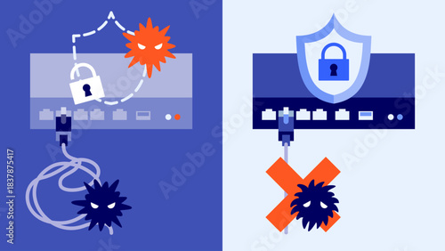 Aging VPN Gateway vs Secure Updated Network Device in a Cyber Security Office Scene vector illustration