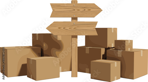Logistics decision illustration, cardboard boxes, wooden signpost, directional arrows, moving concept, shipping containers, relocation symbol, cartoon style