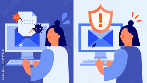 Suspicious Email Opening vs Reporting Workflow with Shield Protection in Cyber Security vector illustration