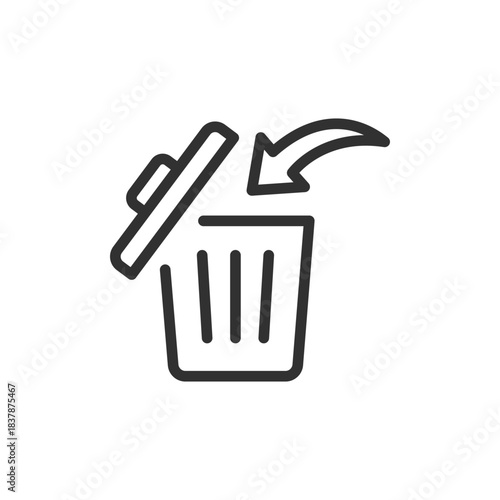 Trash bin with arrow, linear icon. Waste disposal and recycling action. Line with editable stroke.