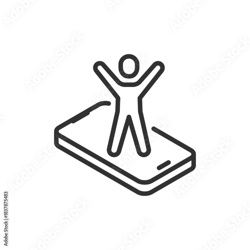 Person standing on smartphone, linear icon. Digital success and online activity. Line with editable stroke.