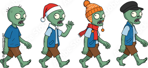 Walking zombies cartoon, seasonal outfits, festive undead characters, winter hats, Santa zombie, flat cap, creepy humor, Halloween parade