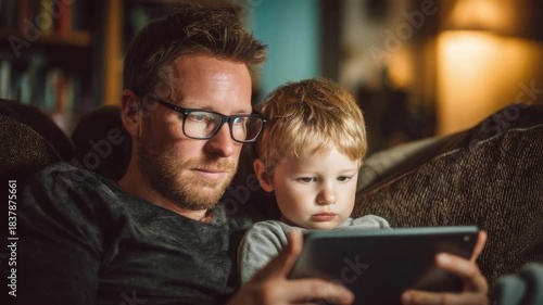 A man with glasses and a young boy sit on a couch, focused on a tablet.
