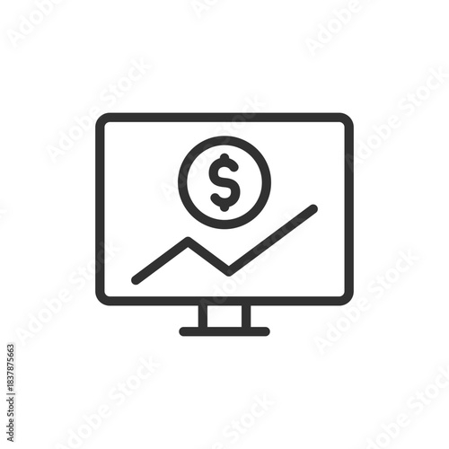 Monitor with graph and dollar, linear icon. Investment performance and profit growth. Line with editable stroke.