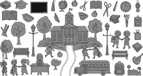 School environment illustration, education icons, children, teacher, classroom items, school bus, black vector, academic scene, learning symbols