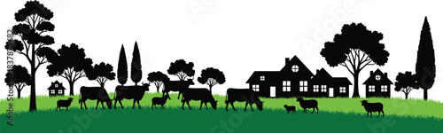 Rural farm landscape silhouette with village houses trees cows and sheep on green grass meadow vector illustration flat design isolated 