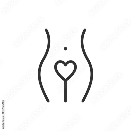 Female body with heart, linear icon. Women’s health and reproductive care. Line with editable stroke.