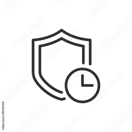 Shield with clock, linear icon. Time protection and reliability. Line with editable stroke.