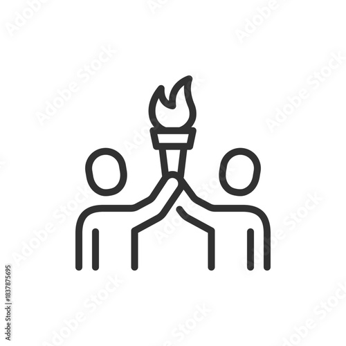 Torch passing between hands, linear icon. Legacy, leadership and inspiration concept. Line with editable stroke.