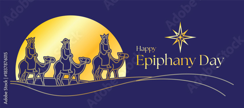 Happy Epiphany Day - Christian festival with Gold line art three kings rode camels to the stars light on purple background vector design