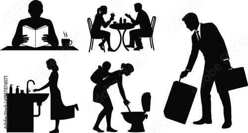 Set of Daily Life Activity Silhouettes: People Reading, Socializing at Cafe, Washing Hands, Cleaning Toilet, and Traveling Man with Suitcase, Representing Everyday Lifestyle