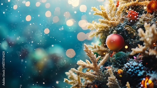 Fototapeta Naklejka Na Ścianę i Meble -  Underwater-themed Christmas tree with coral decorations, blurred ocean reef .