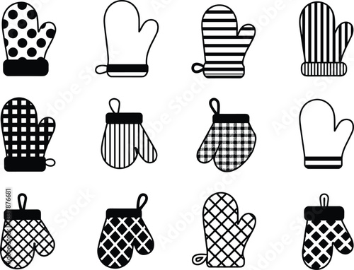 Set of twelve black and white oven mitt icons with various patterns like stripes, dots and checks, flat vector illustration isolated on white background.