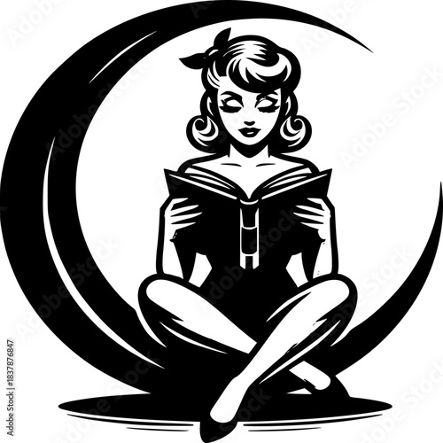 The Reading Muse: A timeless illustration portrays a serene woman immersed in the world of literature, her silhouette perfectly framed by a crescent moon.