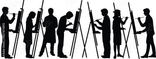Silhouettes of Artists Painting on Easels: Group of People Attending an Art Class or Workshop, Representing Creativity, Fine Arts Education, and Drawing Activity