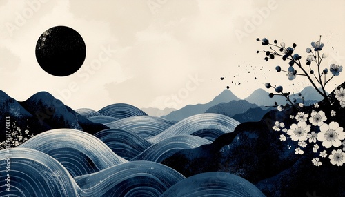 Wallpaper Mural Minimalist Japanese Landscape with Waves and Blossoms Torontodigital.ca