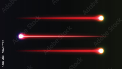 Three bright red laser beams with glowing tips moving horizontally against a dark background, abstract light effect