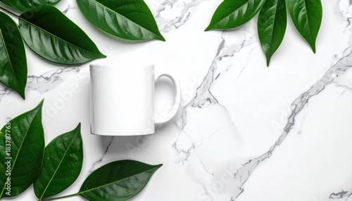 White mug on marble with green leaves (1)