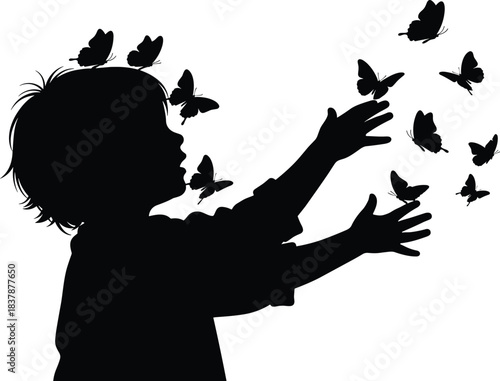 Vector silhouette of a happy little child reaching up to catch flying butterflies isolated on white background for childhood and nature concepts.