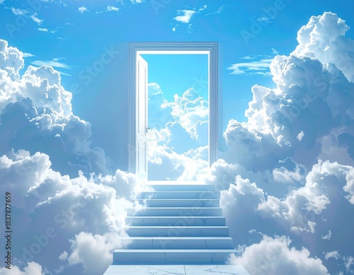 Stairway leads to door in cloudy sky
