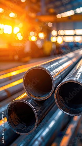 Metal pipes in factory, warm lighting