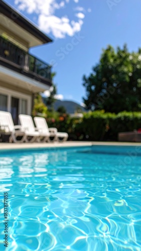 Poolside with sunbeds in blurred focus