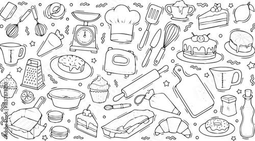 Baking and Cooking Utensils and Ingredients Doodle Collection.