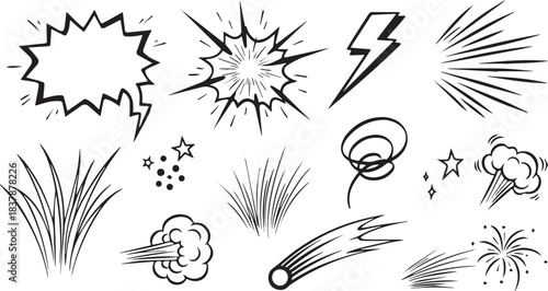 Collection of comic book style sound effects and graphic elements.