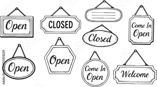 Collection of Hand Drawn Open Closed and Welcome Signs for Businesses.