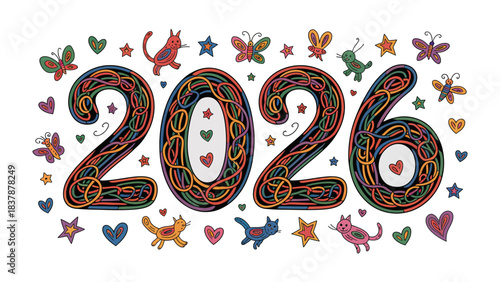 Artistic New Year: A vibrant display of the year 2026, composed with playful artistry, surrounded by charming decorations. conveying the sense of festive anticipation and creative expression. 