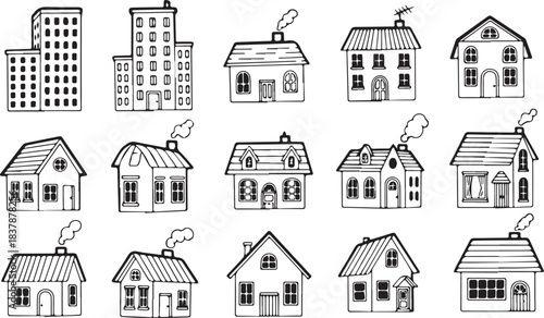 Collection of Hand Drawn Houses and Buildings Sketches.