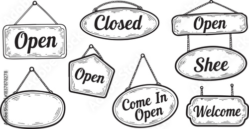 Collection of HandDrawn Open and Closed Signs for Businesses.